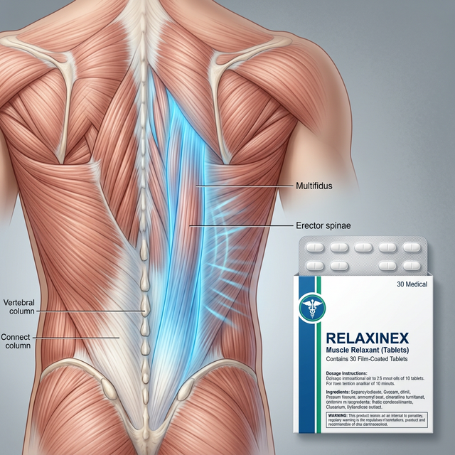 Medical illustration of muscle tension relief and pharmaceuticals