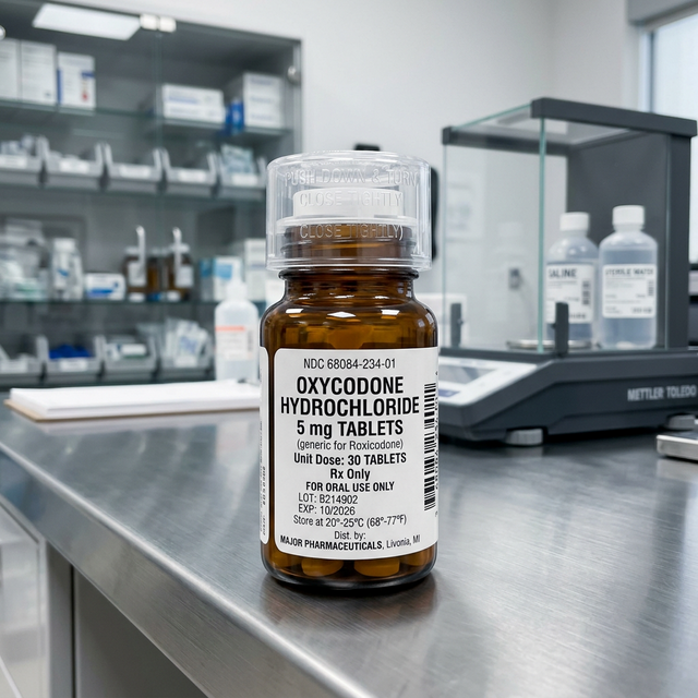 Professional pharmaceutical bottle of generic Oxycodone
